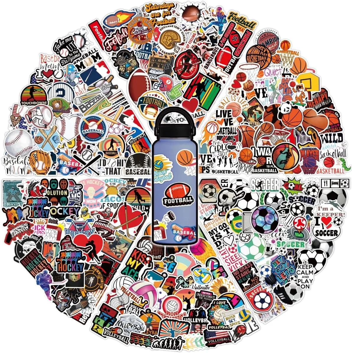 300Pcs Cool Vinyl Mixed Sports Stickers Bulks, Waterproof Water Bottle Stickers for Laptop Scrapbook Journal Helmet, Basketball Football Soccer Ball Hockey Decals for Kids Teens Adults