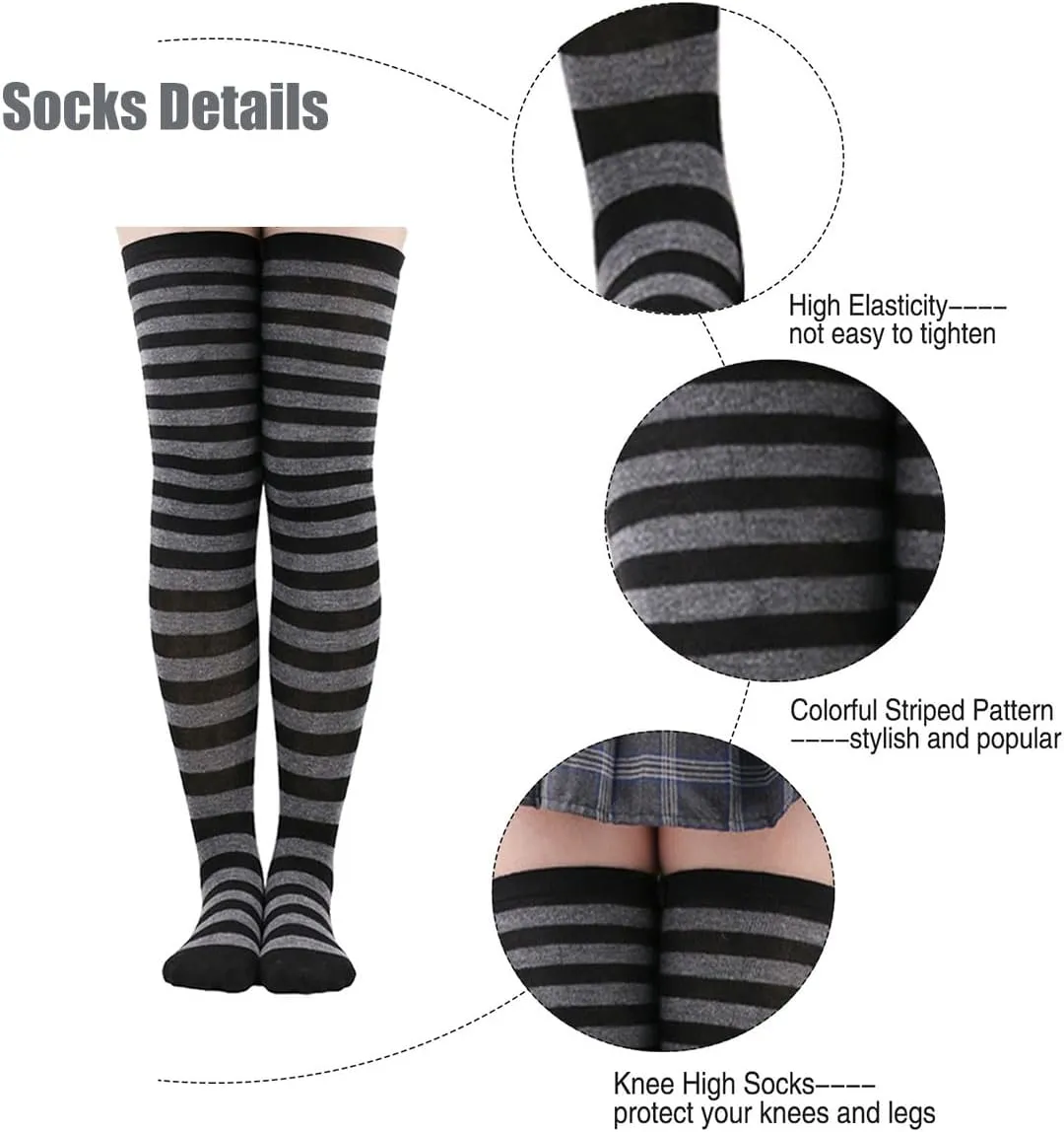 4 Pairs Womens Striped Arm Warmers Goth Y2K Knitted Fingerless Gloves with Long Knee High Socks Set