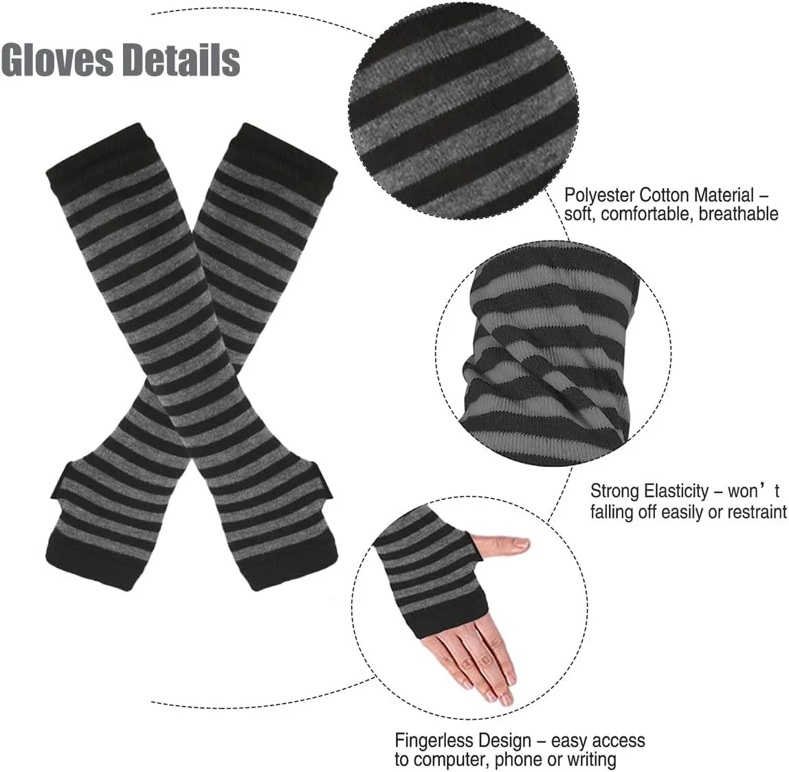 4 Pairs Womens Striped Arm Warmers Goth Y2K Knitted Fingerless Gloves with Long Knee High Socks Set