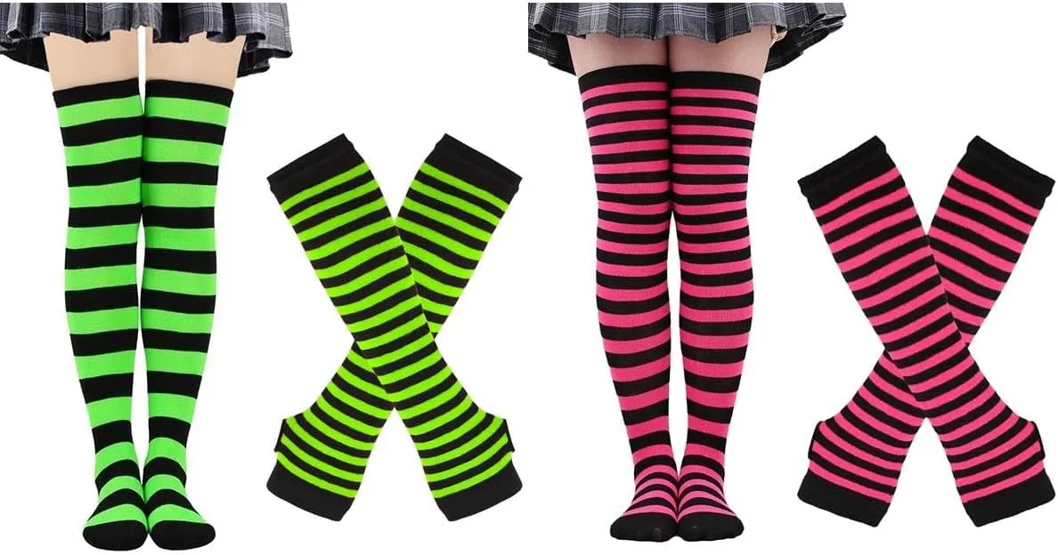 4 Pairs Womens Striped Arm Warmers Goth Y2K Knitted Fingerless Gloves with Long Knee High Socks Set