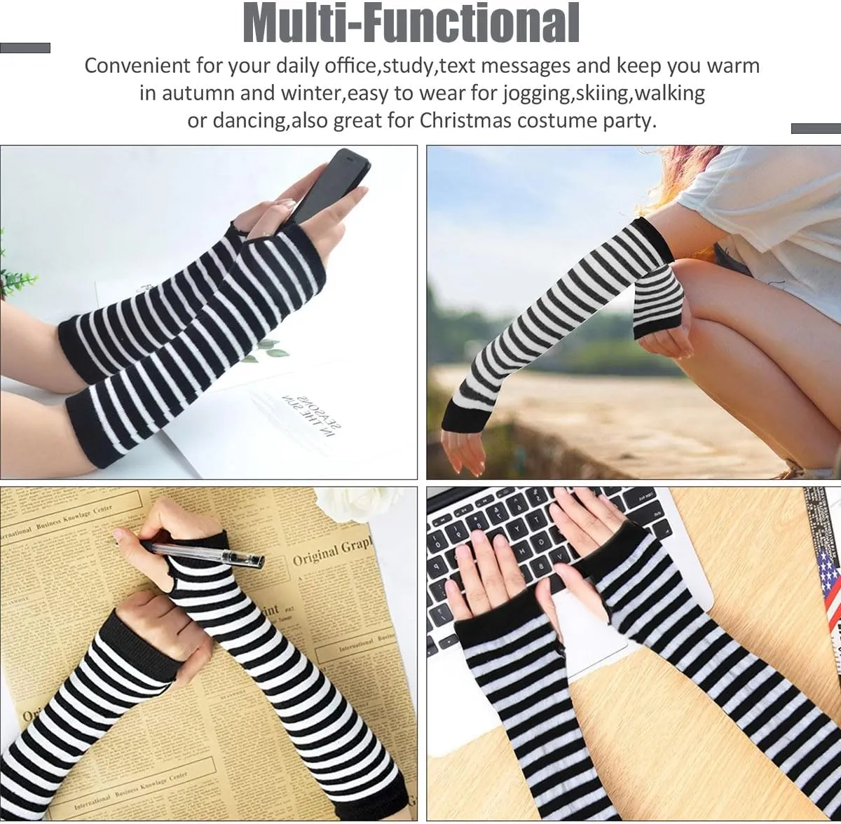 4 Pairs Womens Striped Arm Warmers Goth Y2K Knitted Fingerless Gloves with Long Knee High Socks Set