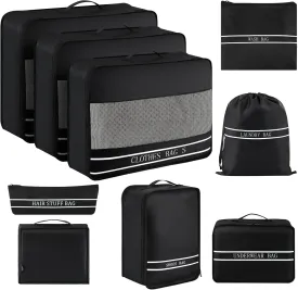 9 Set Packing Cubes Luggage Packing Organizers for Travel Accessories Space Saving Travel Bags for Carry On, Lightweight Mesh Zipper, Clothes, Shoes, Laundry and Shoe Bag, Suitcases (BLACK)