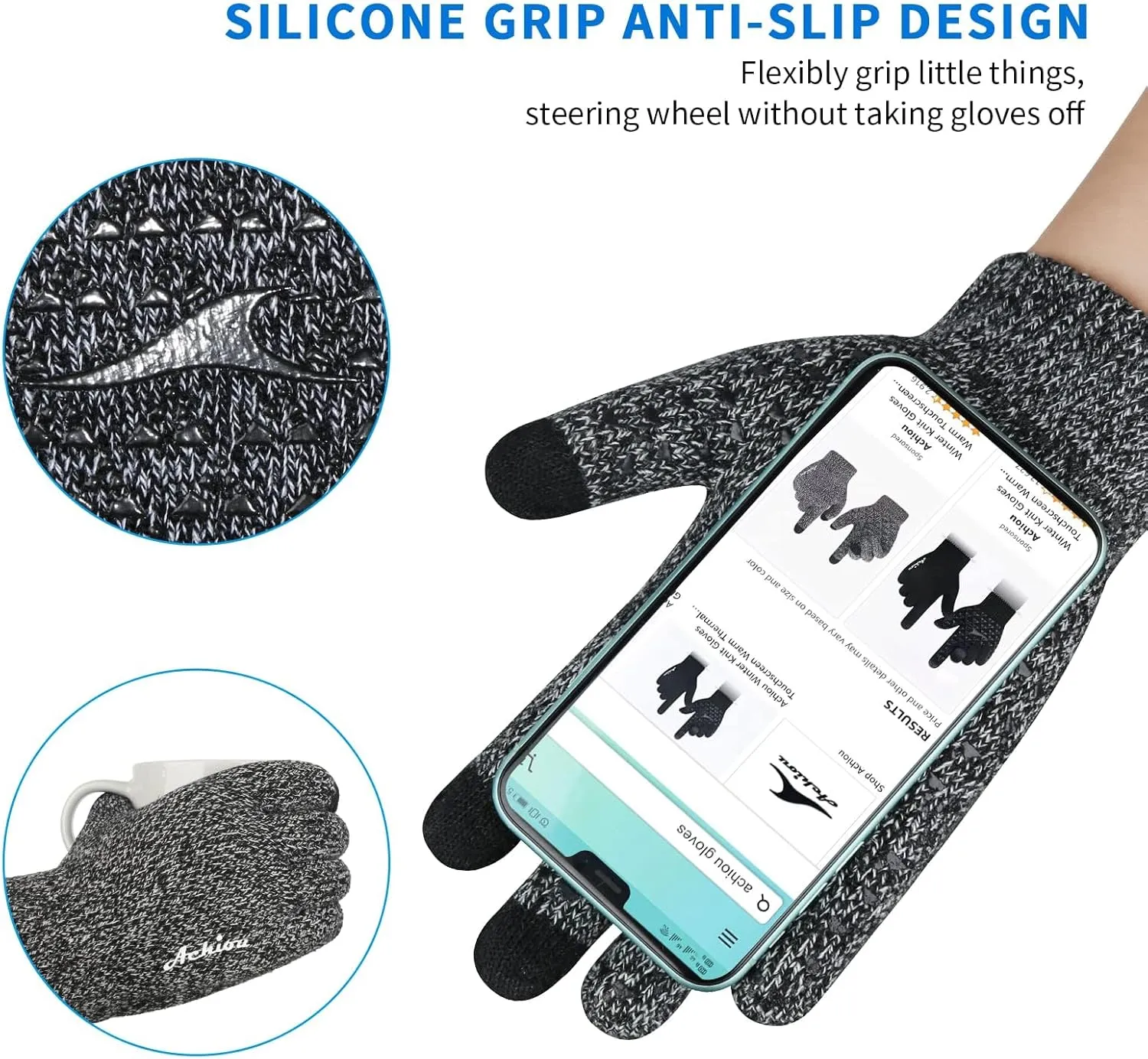 Achiou Winter Gloves for Men Women, 2 Pairs Touch Screen Texting Warm Running Gloves Thermal Soft Knit Lining, Elastic Cuff