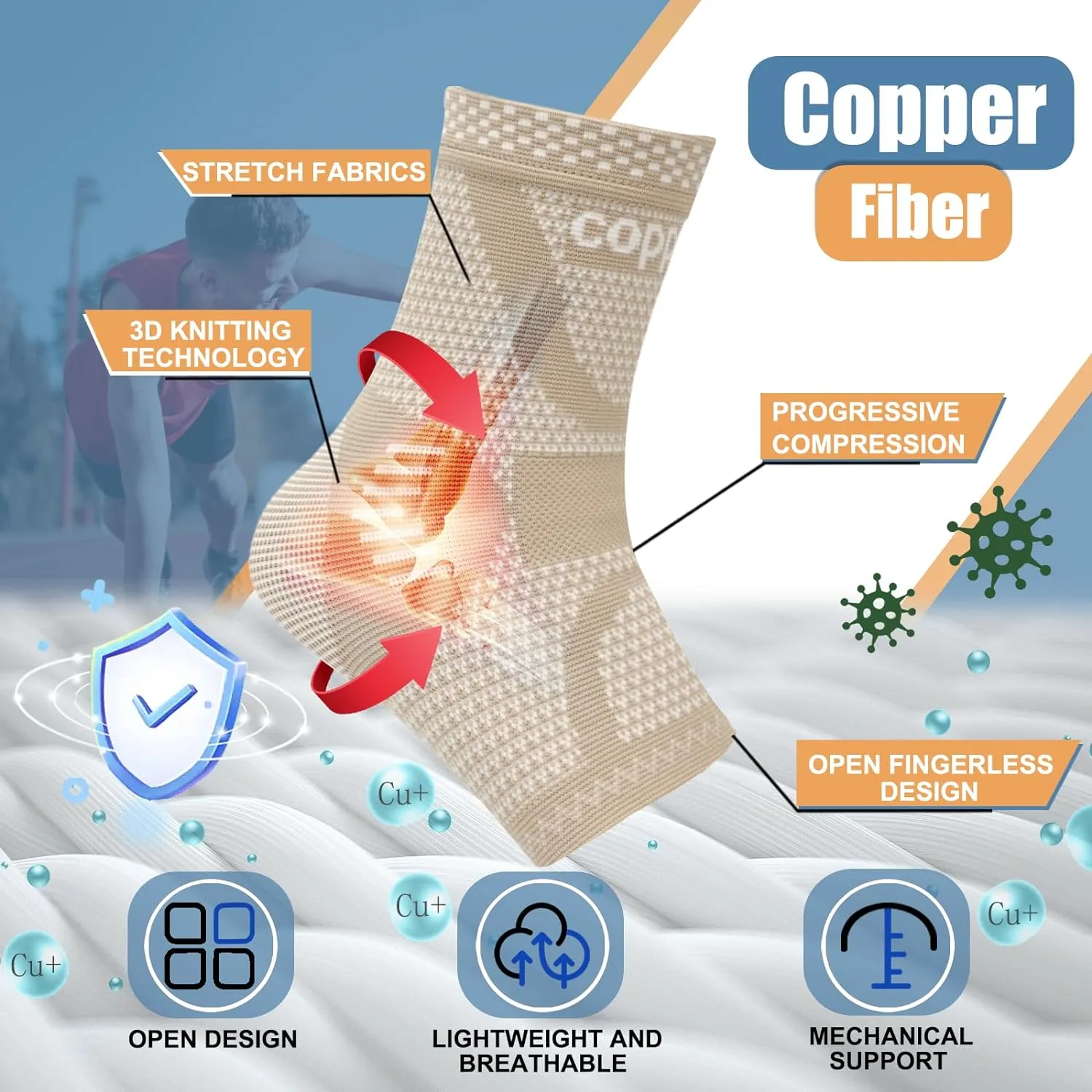 Copper Ankle Brace, Copper Infused Ankle Support Compression Sleeve for Men & Women, for Foot Pain Relief, Sprained Recovery, Achilles Tendonitis, Daytime or Night Use(Skin White L)