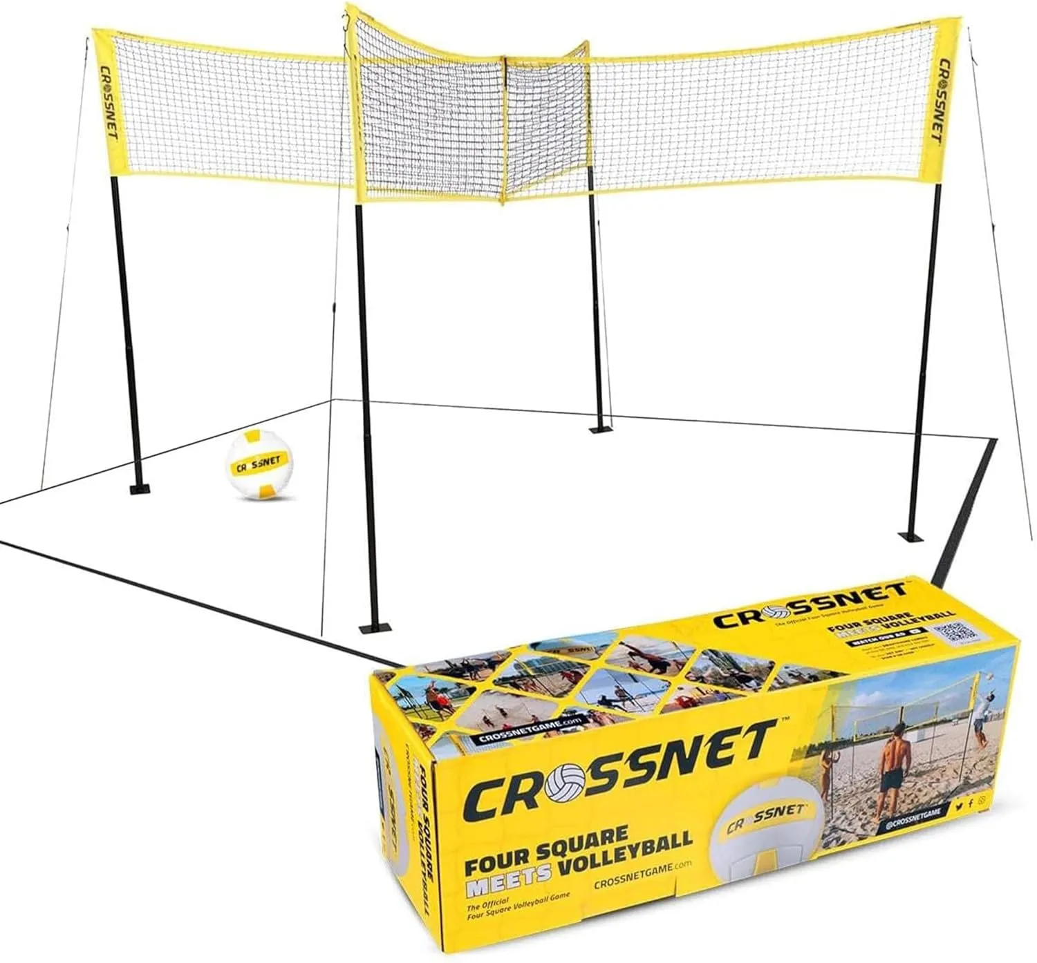 CROSSNET Quick Assemble 4 Square Volleyball Game Set for Adults and Kids with Volleyball Net, Backpack and Ball for Outdoor Games