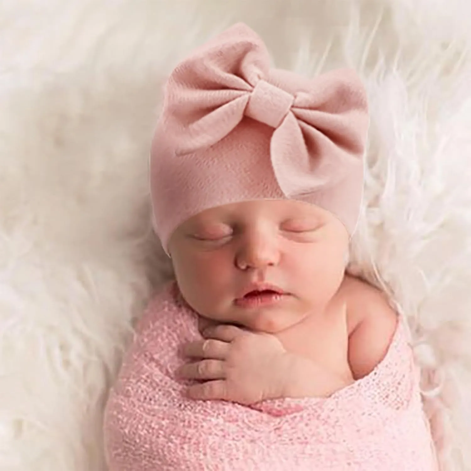 DRESHOW BQUBO Newborn Baby Girls Hats Hospital Hat Baby Cotton Beanie Infant Big Bow Hats for 0-24 Months