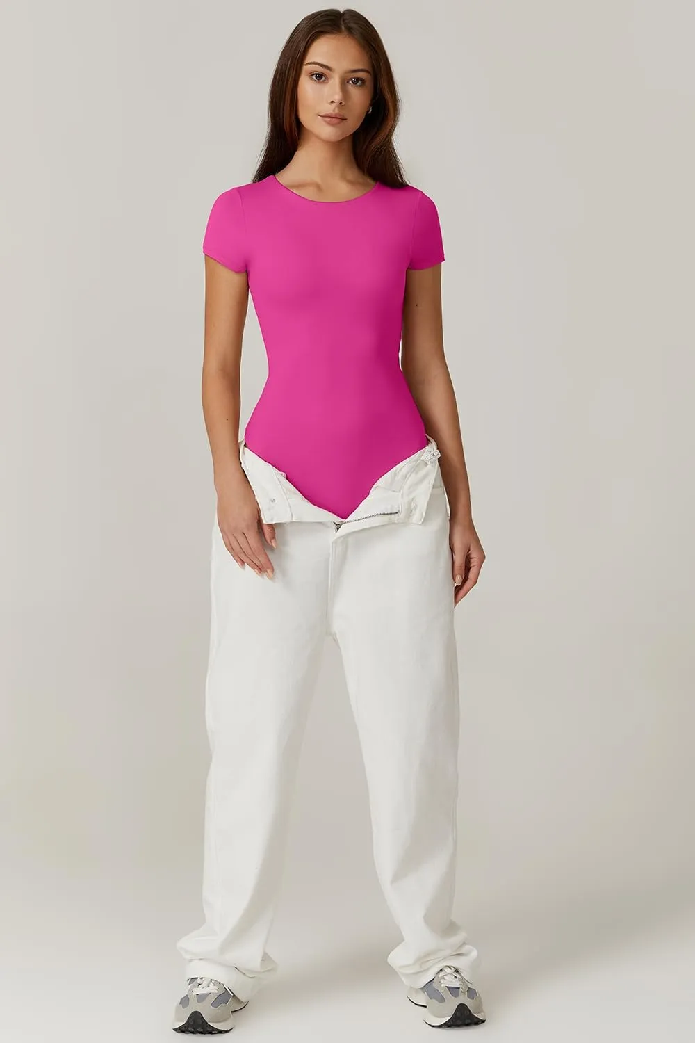 QINSEN Women's Crew Neck Short Sleeve Bodysuit Double Lined Body Suits Basic T-shirt Tops