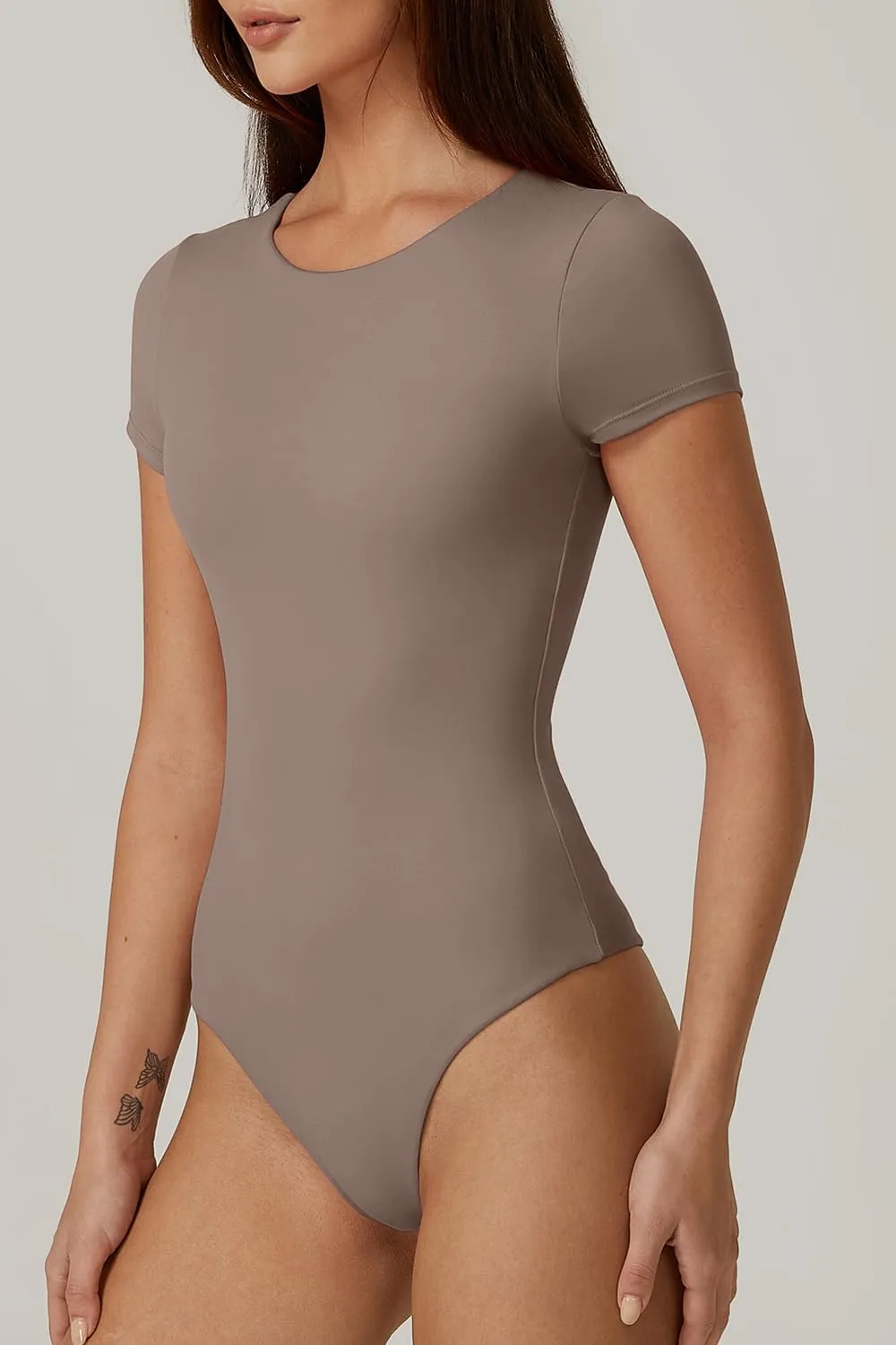 QINSEN Women's Crew Neck Short Sleeve Bodysuit Double Lined Body Suits Basic T-shirt Tops