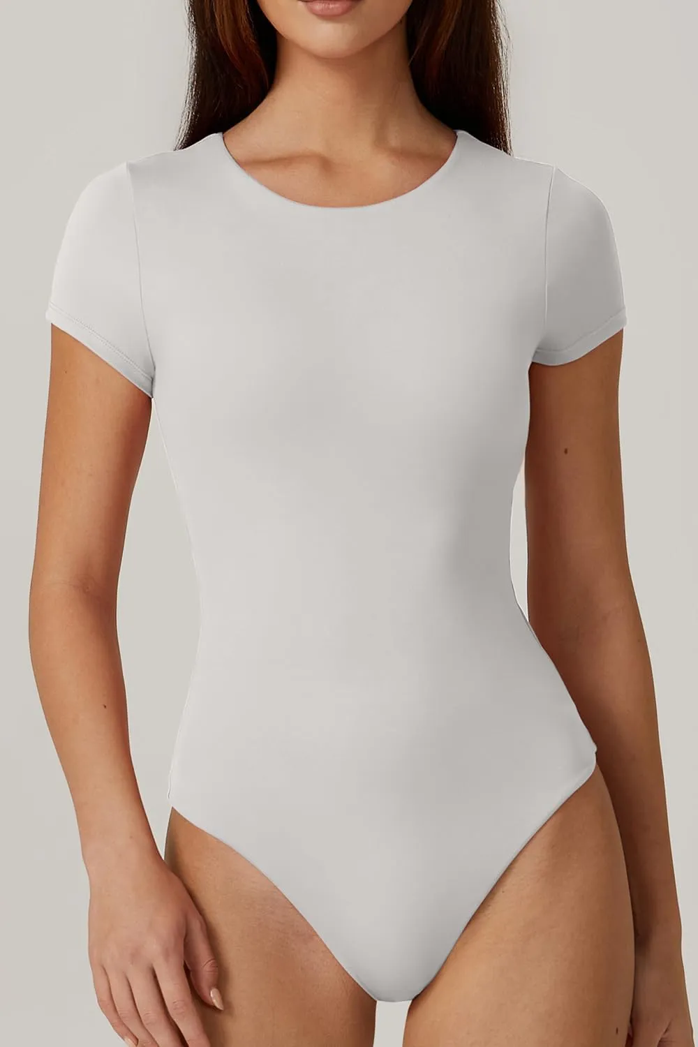 QINSEN Women's Crew Neck Short Sleeve Bodysuit Double Lined Body Suits Basic T-shirt Tops