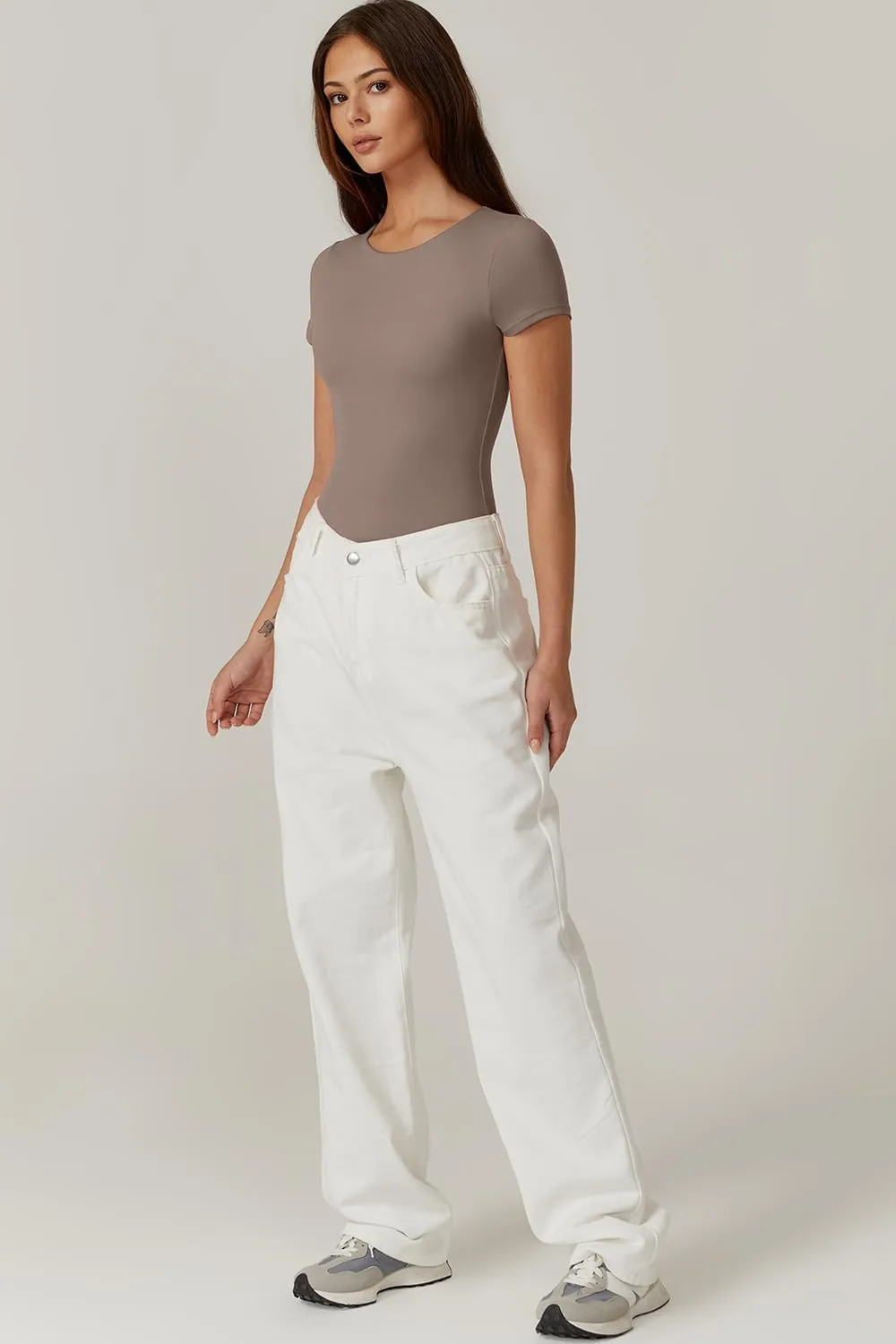 QINSEN Women's Crew Neck Short Sleeve Bodysuit Double Lined Body Suits Basic T-shirt Tops