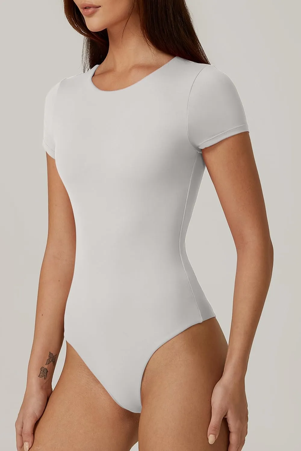 QINSEN Women's Crew Neck Short Sleeve Bodysuit Double Lined Body Suits Basic T-shirt Tops