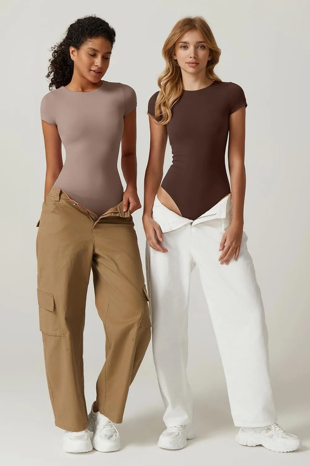 QINSEN Women's Crew Neck Short Sleeve Bodysuit Double Lined Body Suits Basic T-shirt Tops