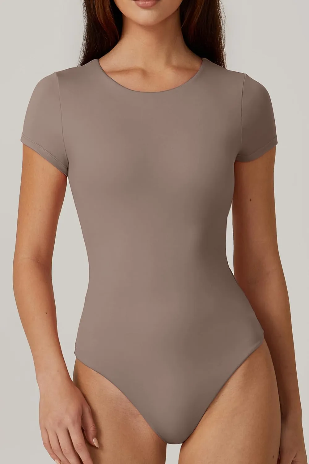 QINSEN Women's Crew Neck Short Sleeve Bodysuit Double Lined Body Suits Basic T-shirt Tops