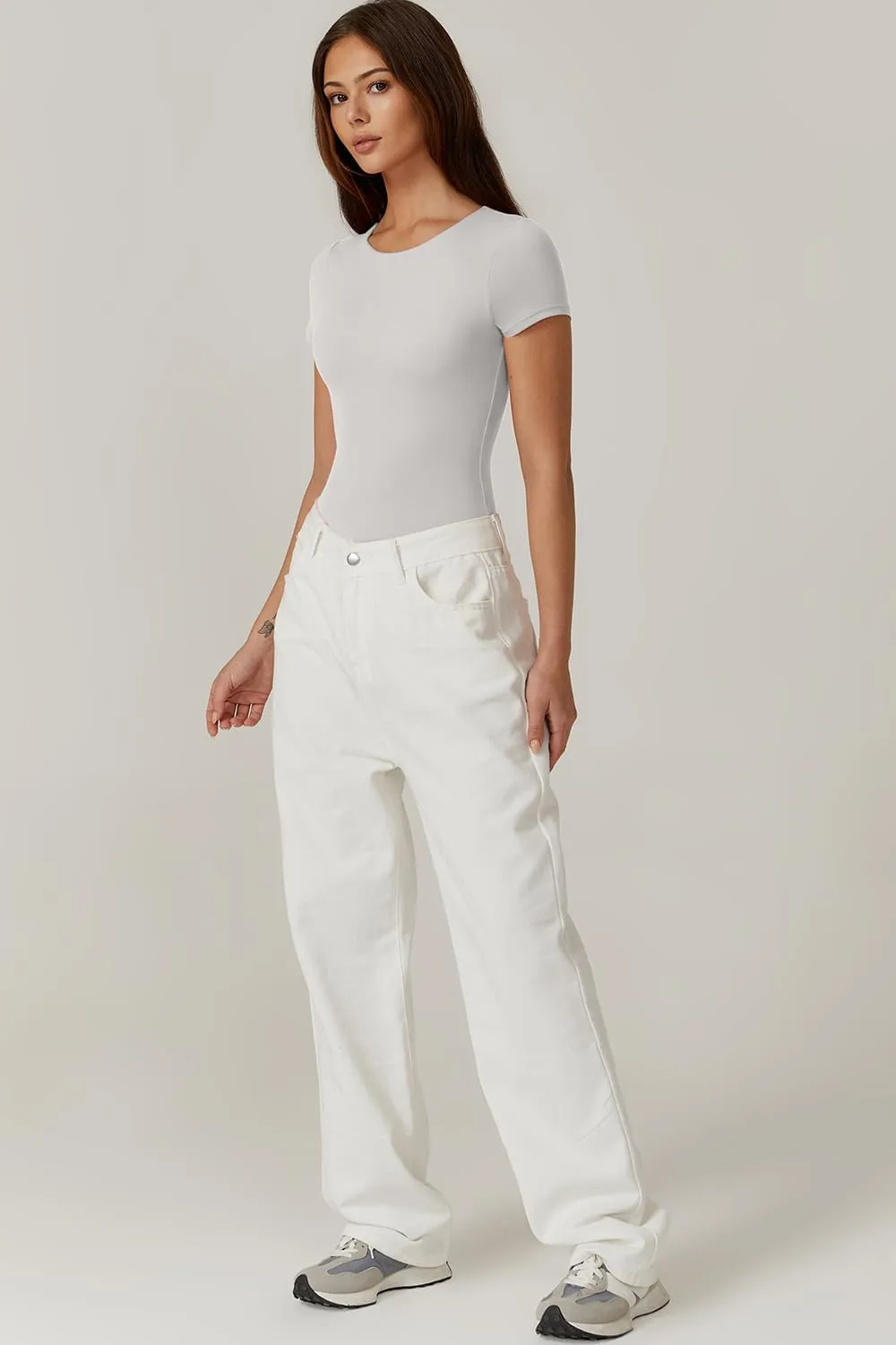 QINSEN Women's Crew Neck Short Sleeve Bodysuit Double Lined Body Suits Basic T-shirt Tops