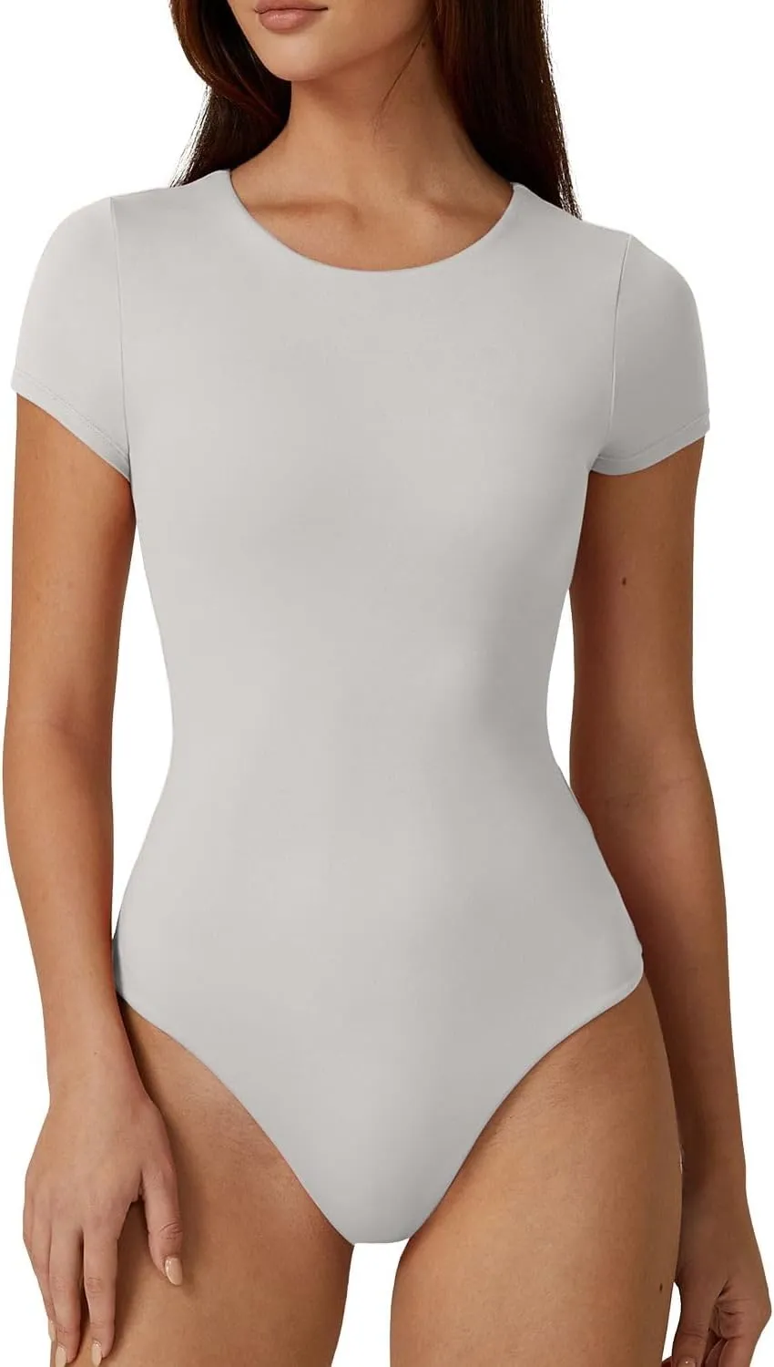 QINSEN Women's Crew Neck Short Sleeve Bodysuit Double Lined Body Suits Basic T-shirt Tops