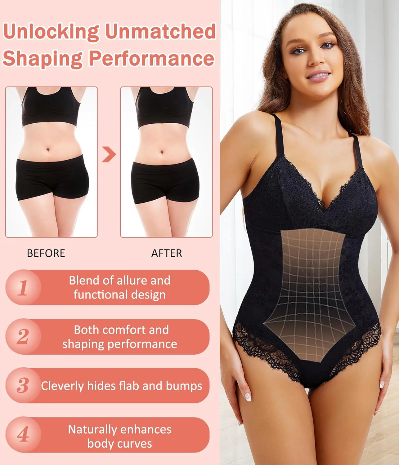 REYEOGO Lace Shapewear Bodysuit for Women Tummy Control Body Shaper V Neck Fajas Sculpting Tank Tops Slimming Camisole Corset