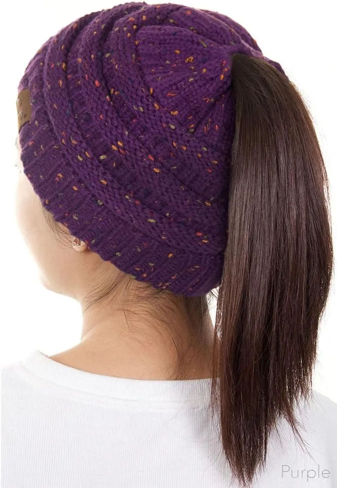 ScarvesMe Women Confetti BeanieTail Ponytail Messy Bun Solid Ribbed Beanie Hat Cap