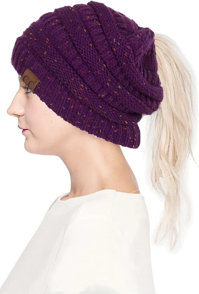 ScarvesMe Women Confetti BeanieTail Ponytail Messy Bun Solid Ribbed Beanie Hat Cap