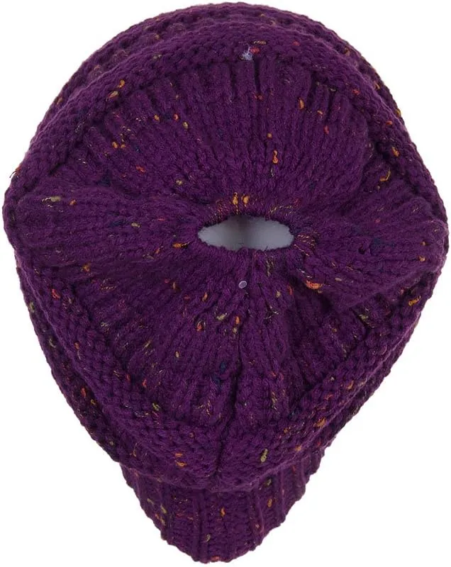ScarvesMe Women Confetti BeanieTail Ponytail Messy Bun Solid Ribbed Beanie Hat Cap