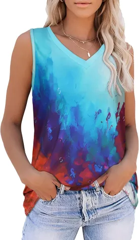 Summer Tops for Women Sleeveless V Neck Tshirt Loose Fit Casual Tank Tunic Blouse