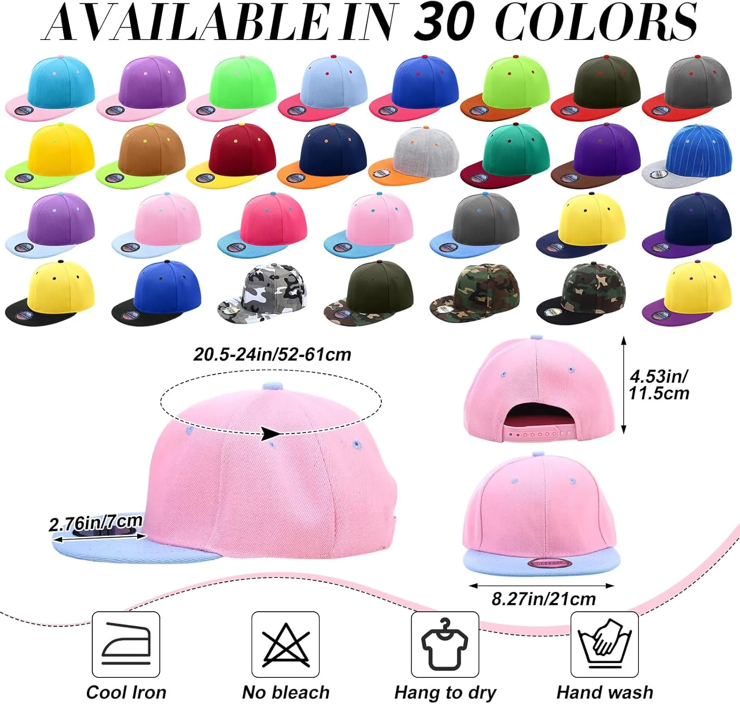 Syhood 30 Pcs Snapback Hats for Men Flat Bill Caps Bulk Hip Hop Blank Flat Brim Adjustable Baseball Caps