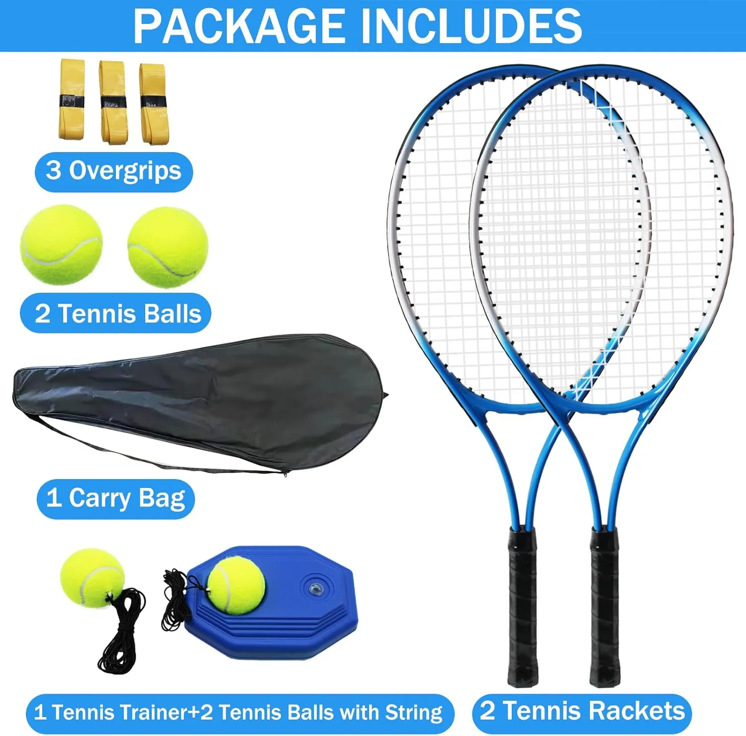 Tennis Rackets for Adult, 2 Players Adult Recreational Tennis Rackets Set for Beginners and Professional with 4 Tennis Balls, 3 Overgrips, 1 Tennis Bag