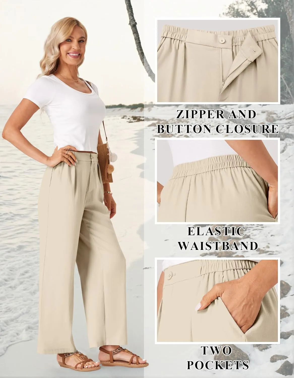 TOPYOGAS Womens Summer Linen Boho Wide Leg Casual Pants Palazzo Button High Waist Lounge Travel Vacation Outfits