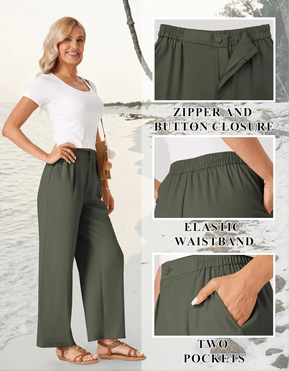 TOPYOGAS Womens Summer Linen Boho Wide Leg Casual Pants Palazzo Button High Waist Lounge Travel Vacation Outfits