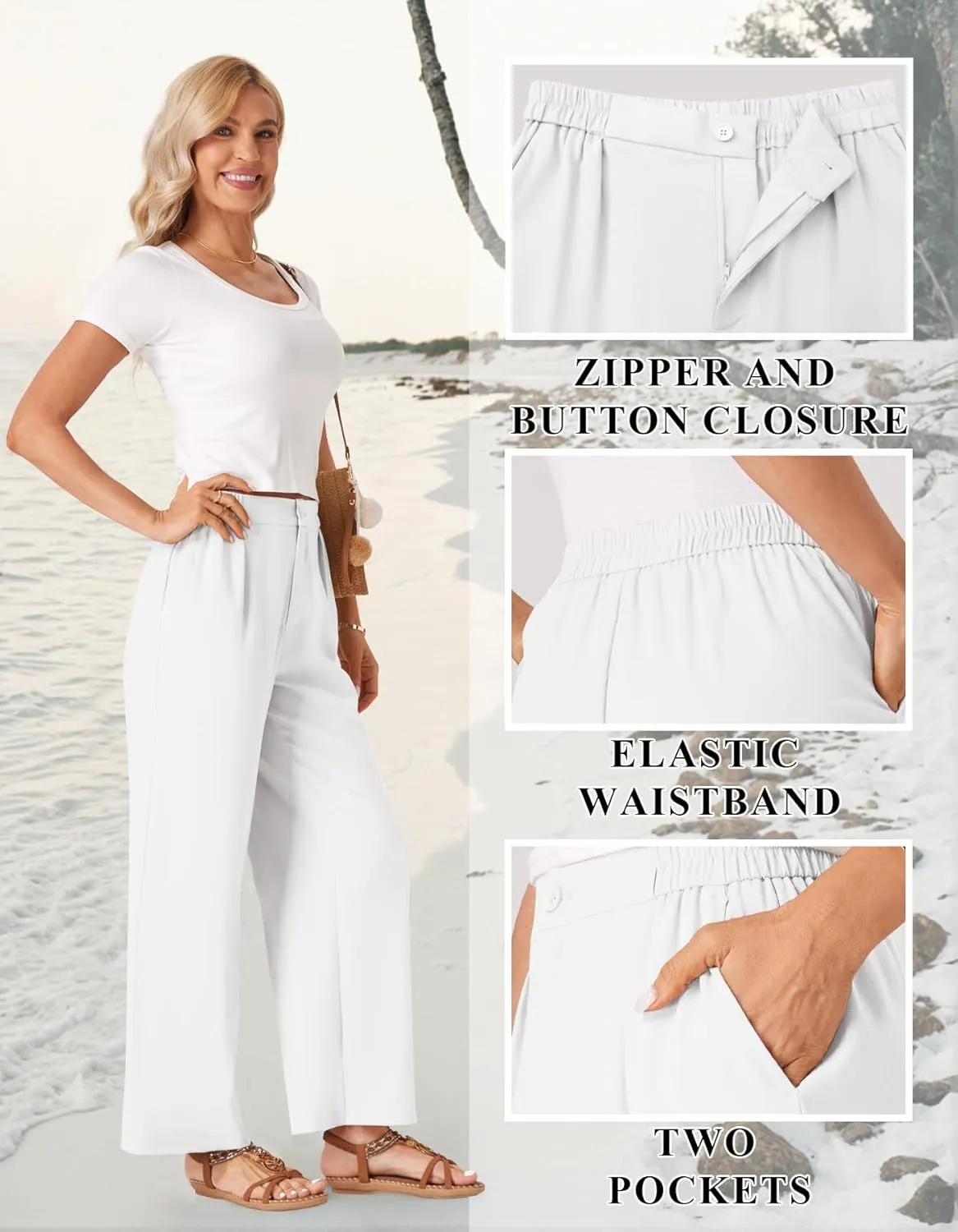 TOPYOGAS Womens Summer Linen Boho Wide Leg Casual Pants Palazzo Button High Waist Lounge Travel Vacation Outfits