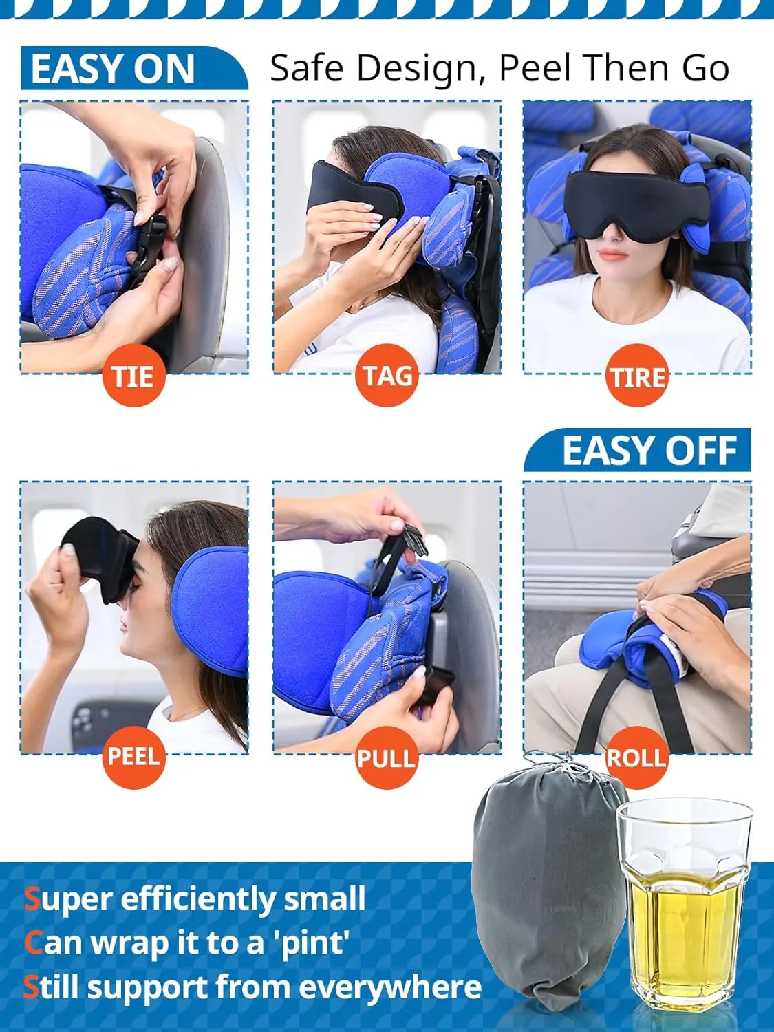 Travel Pillows for Airplanes, Airplane Pillow for Long Flight, Airplane Head Strap with Sleep Eye Mask, 360 Headrest for Car Trip, Stop Bobblehead, FSA HSA Eligible Approved, Mottled Grey