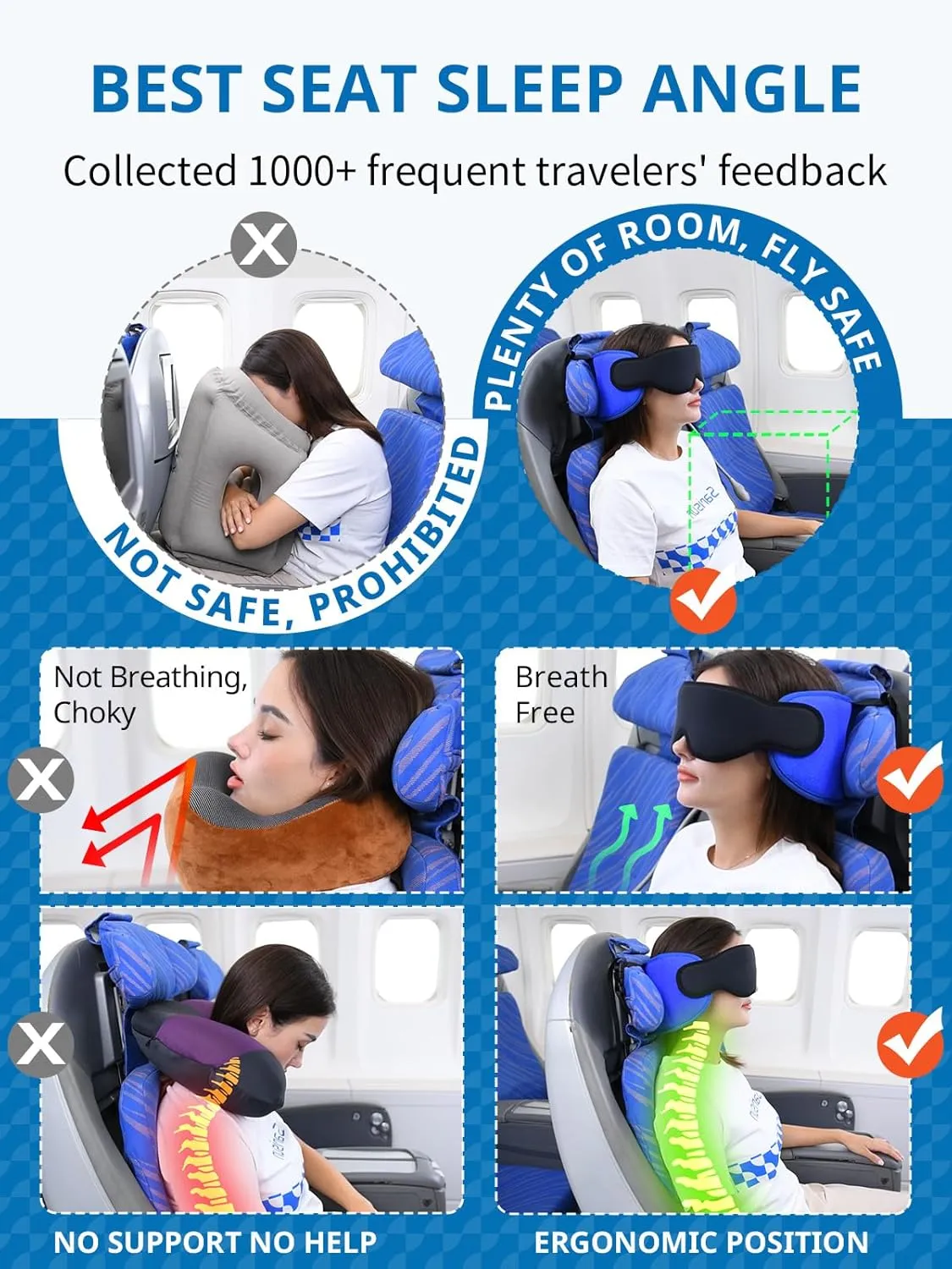 Travel Pillows for Airplanes, Airplane Pillow for Long Flight, Airplane Head Strap with Sleep Eye Mask, 360 Headrest for Car Trip, Stop Bobblehead, FSA HSA Eligible Approved, Mottled Grey