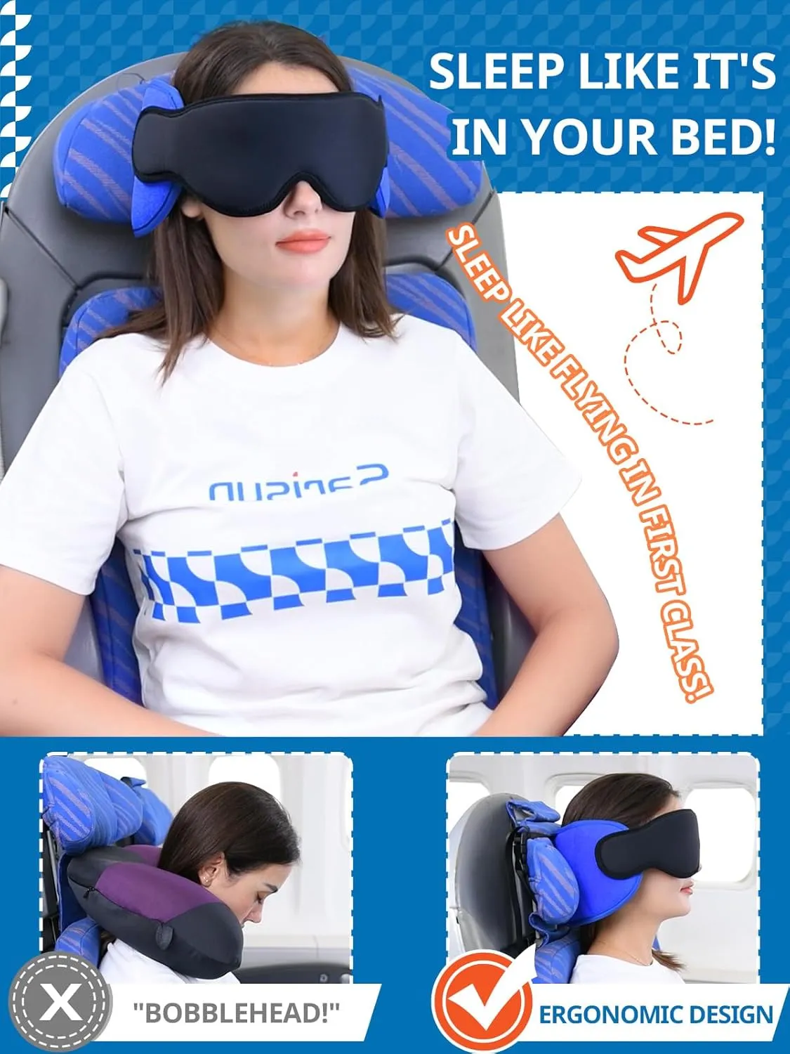 Travel Pillows for Airplanes, Airplane Pillow for Long Flight, Airplane Head Strap with Sleep Eye Mask, 360 Headrest for Car Trip, Stop Bobblehead, FSA HSA Eligible Approved, Mottled Grey