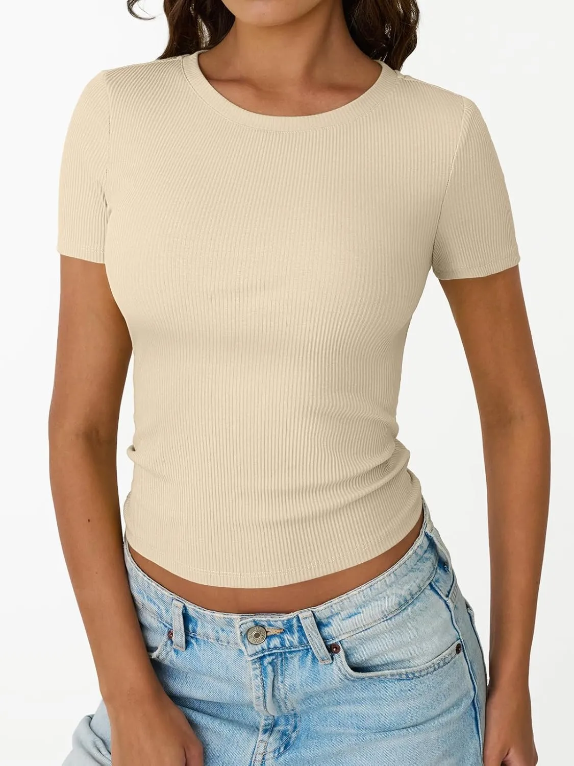 Trendy Queen Womens Short Sleeve Shirts Crewneck Ribbed Knit Slim Fitted T-Shirt Summer Basic Tee 2025 Tops
