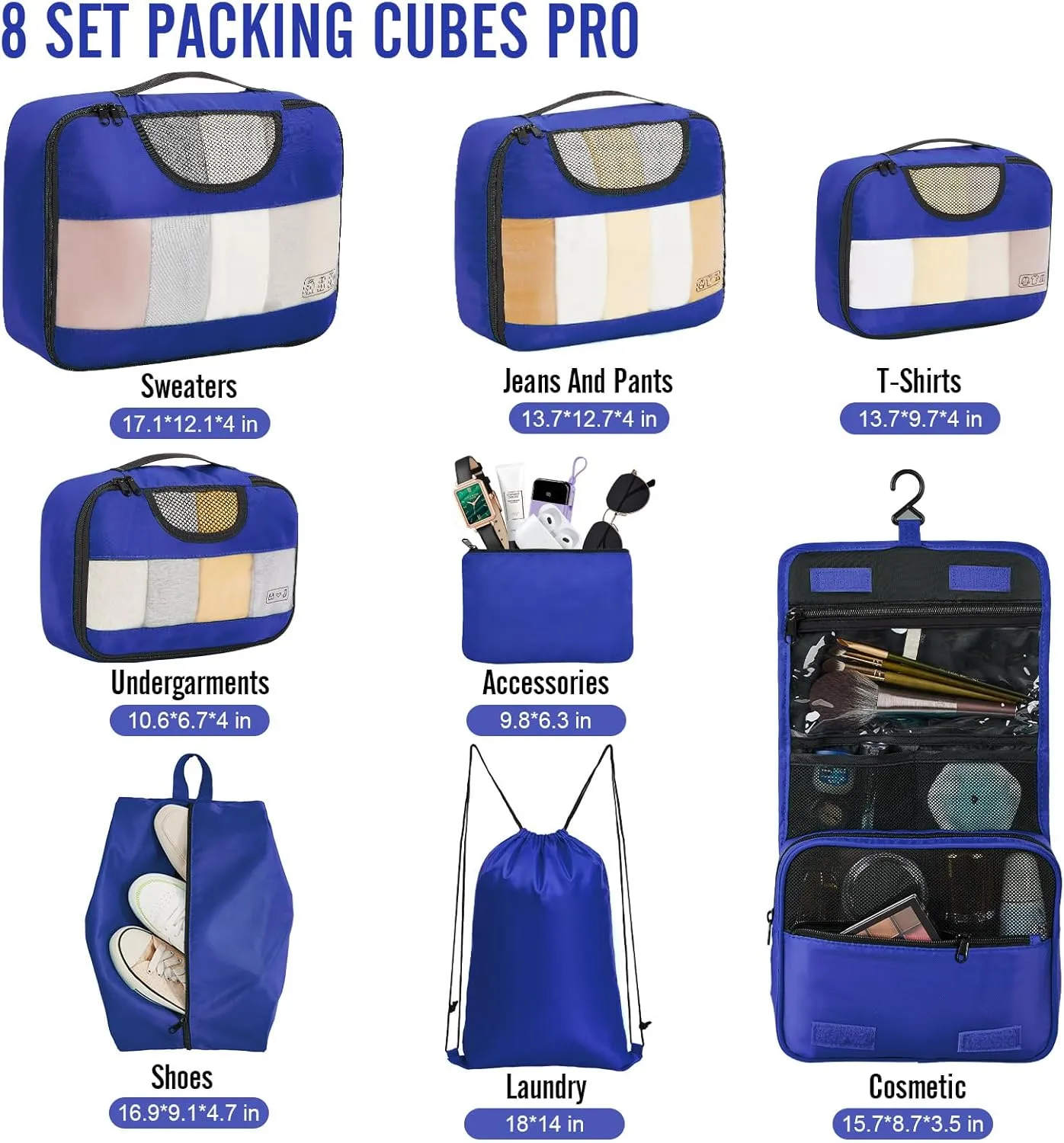 Veken 8 Set Packing Cubes for Travel Essentials, Suitcase Organizer Bags Set for Luggage, Road Trip Travel Accessories in 4 Sizes (Extra Large, Large, Medium, Small)
