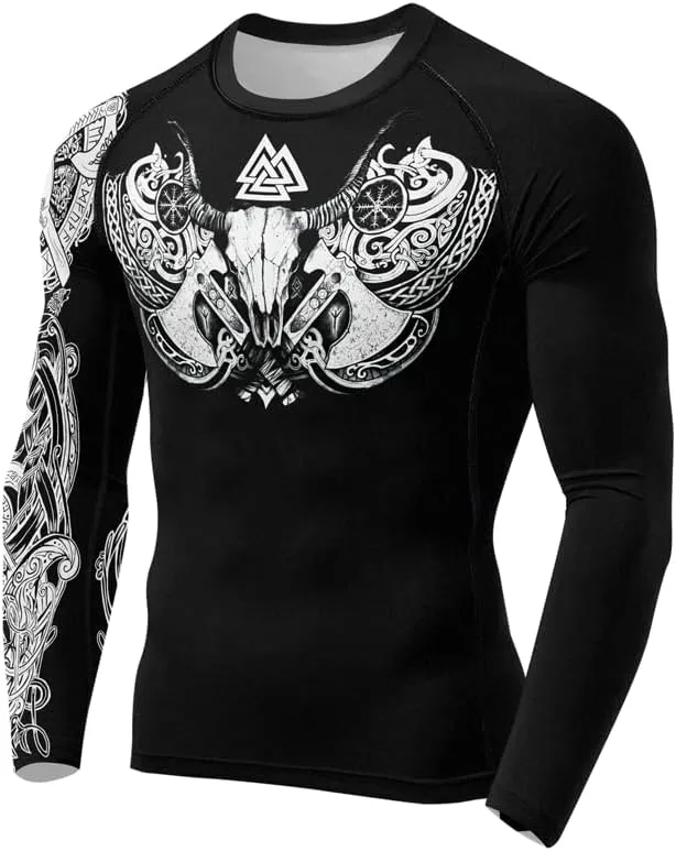 Viking Mens Fight Rash Guard Long Sleeve Baselayer Cool Dry BJJ MMA Jiu Jitsu Compression Shirt