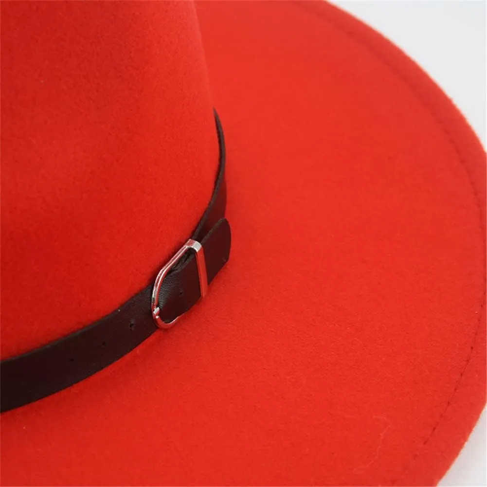 Vsadsau Women Men Felted Hat Fedoras Hats Big Brim Belt Caps Solid Formal Wedding Hat