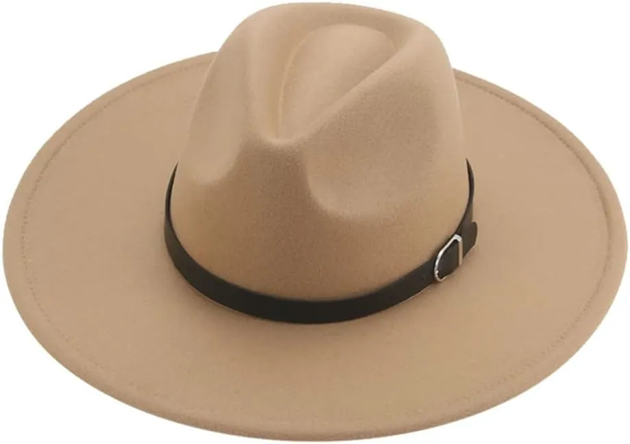 Vsadsau Women Men Felted Hat Fedoras Hats Big Brim Belt Caps Solid Formal Wedding Hat