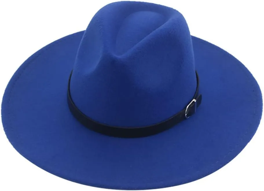 Vsadsau Women Men Felted Hat Fedoras Hats Big Brim Belt Caps Solid Formal Wedding Hat