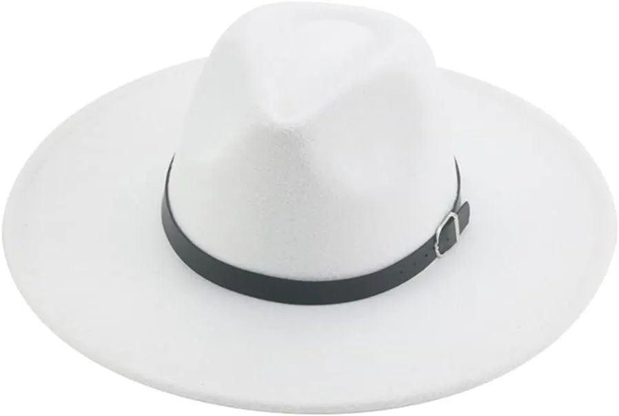 Vsadsau Women Men Felted Hat Fedoras Hats Big Brim Belt Caps Solid Formal Wedding Hat
