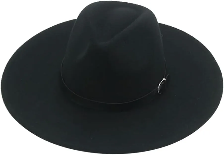 Vsadsau Women Men Felted Hat Fedoras Hats Big Brim Belt Caps Solid Formal Wedding Hat
