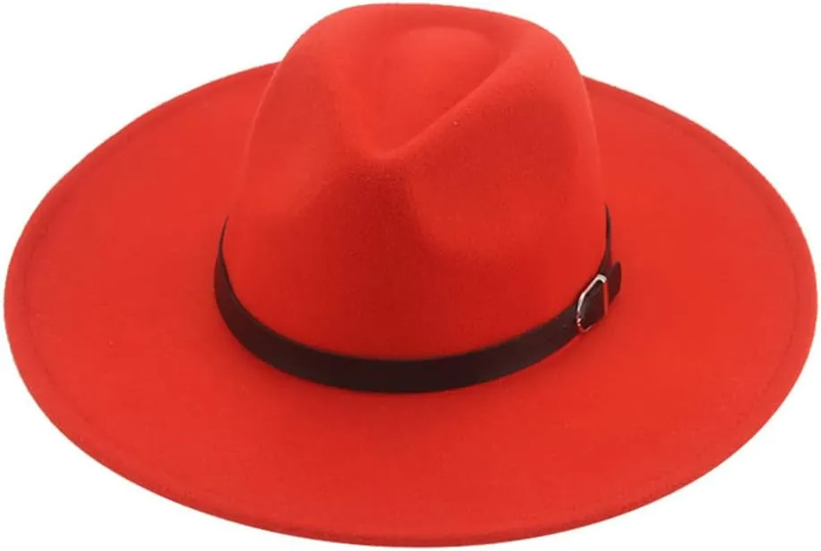 Vsadsau Women Men Felted Hat Fedoras Hats Big Brim Belt Caps Solid Formal Wedding Hat