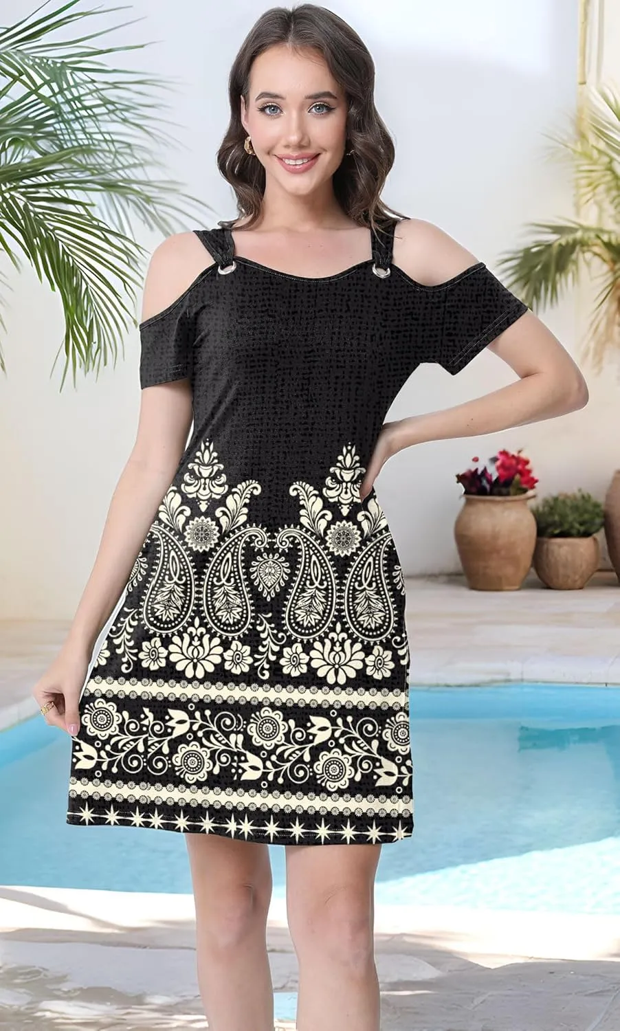 Womens Summer Dress Cold Shoulder Scoop Neck Short Sleeve Spaghetti Strap with O Ring Fashion Sundress with Pockets