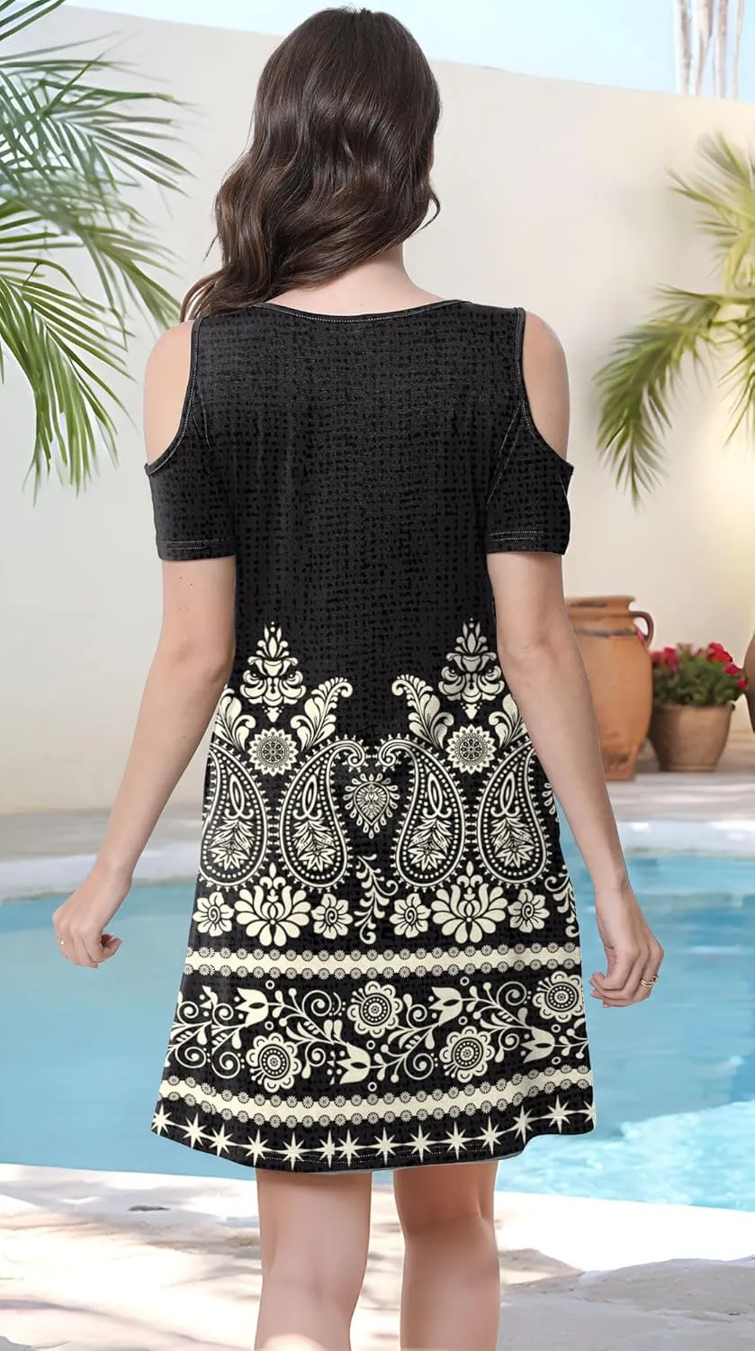 Womens Summer Dress Cold Shoulder Scoop Neck Short Sleeve Spaghetti Strap with O Ring Fashion Sundress with Pockets