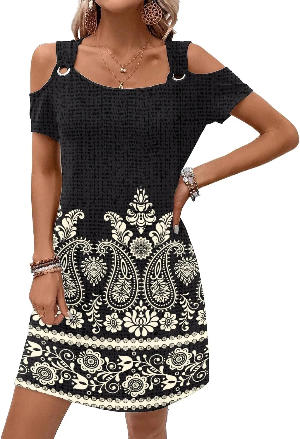 Womens Summer Dress Cold Shoulder Scoop Neck Short Sleeve Spaghetti Strap with O Ring Fashion Sundress with Pockets